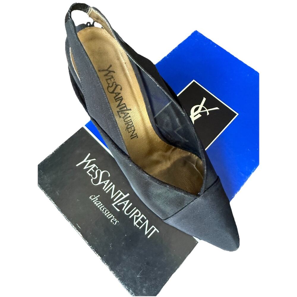 YSL Yves Saint Laurent Black Mesh Slingback Heels Made in Italy Designer Pumps 7 - Picture 9 of 13